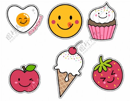 卡通笑脸冰激凌苹果草莓png元素