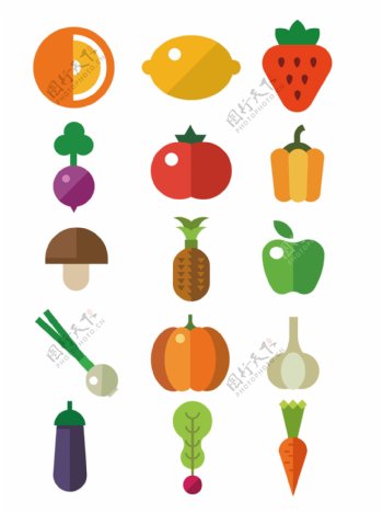 扁平化手绘蔬菜水果素材
