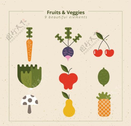 手绘健康水果和蔬菜