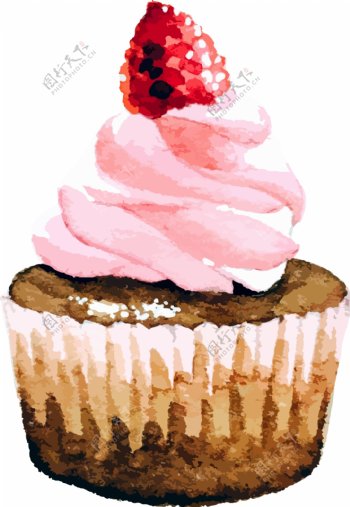 水彩绘树莓蛋糕插画