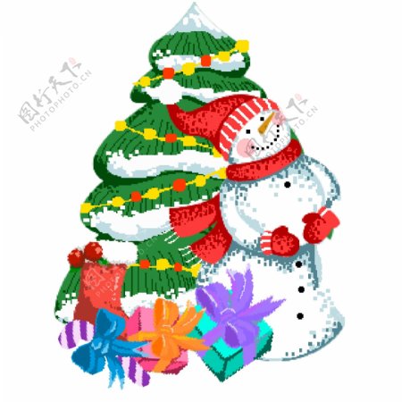 圣诞节开心雪人守护精美圣诞树和礼物盒子