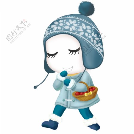 冬天戴蓝色毛线帽子的可爱大头娃娃