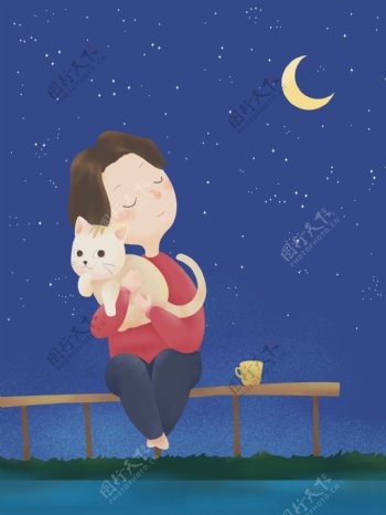 坐在长椅上抱着猫咪的人物海报背景