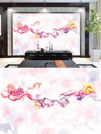 新中式抽象水墨彩色装饰沙发电视背景墙