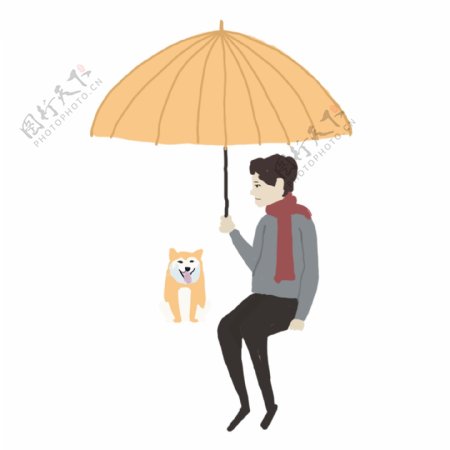 手绘卡通男孩给狗狗打着伞原创元素