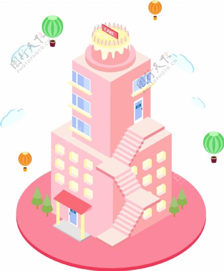 2.5D甜美粉色蛋糕房建筑可商用元素