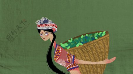 背竹篓的少数民族姑娘绿色背景