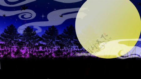 夜晚云彩月亮树木卡通背景