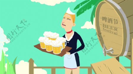 啤酒桶端啤酒的服务员卡通背景