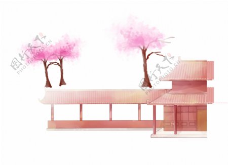 卡通日式建筑粉色花树png元素
