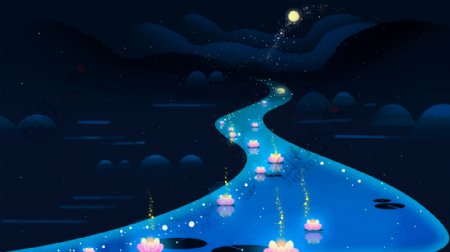 中元节唯美蓝色莲灯道路背景素材