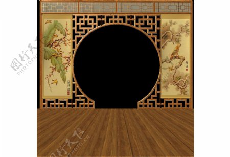 中式古代国画地板拱门png元素