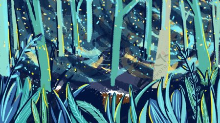 多彩手绘树林星空背景素材