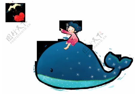 卡通骑鲸鱼女孩png元素