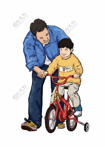 父亲节手绘卡通形象父子骑自行车元素