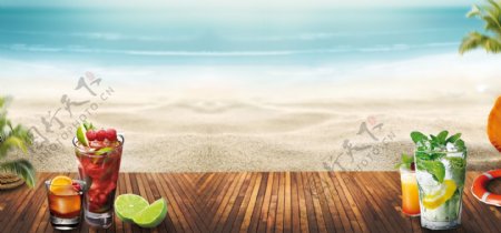 夏日海滩水果饮料banner背景素材