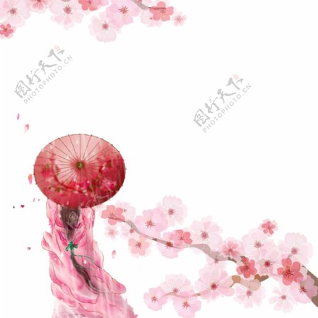 粉红色浪漫樱花少女插画元素