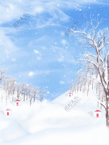 纯原创手绘小清新冬天的雪山满山枯树背景