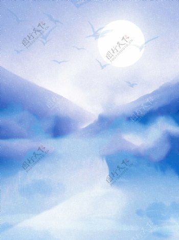 全原创梦幻抽象蓝色手绘山水风景背景