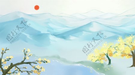 彩绘远山太阳桂花树背景素材