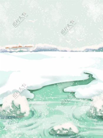 全原创冬季雪景背景雪地湖面卡通雪景