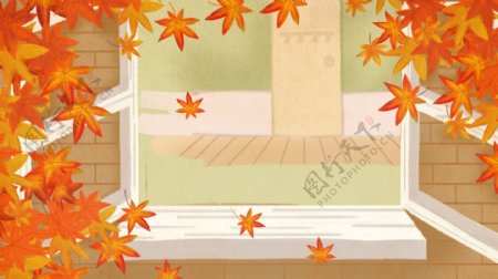 清新唯美枫叶窗户秋季背景设计