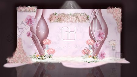 粉色婚礼主迎宾区合影区效果图