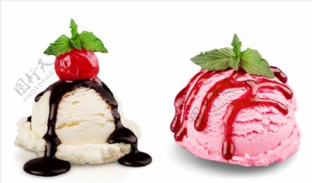 糕点冰淇淋樱桃果酱白色背景
