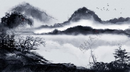 水墨中国风山河背景图