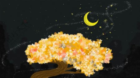 金色树叶上的月亮卡通背景
