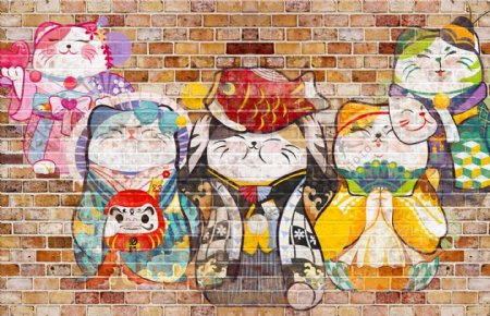 招财猫涂鸦砖块背景墙海报背景素材纹理特效