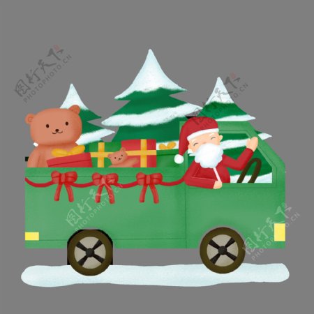 圣诞节圣诞老人汽车礼物松树小熊节日素材
