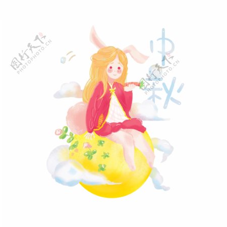 中秋节手绘人物小女孩兔子月亮黄色商用元素