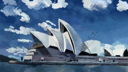 蓝天白云悉尼歌剧院湖水卡通背景