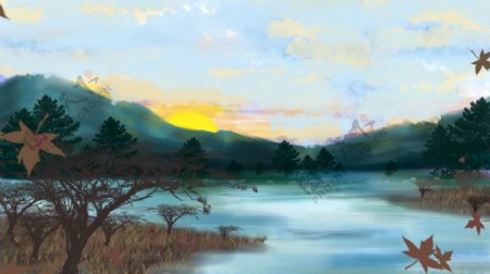 青山湖水落叶秋季风景卡通背景