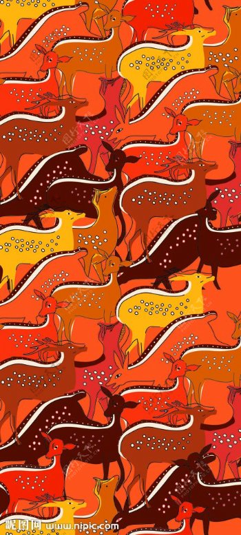 橙色野鹿插画拼接印花