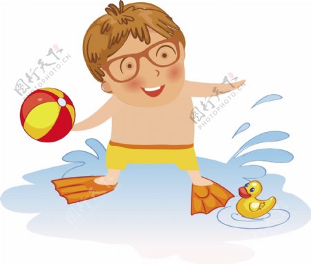 暑期海滩度假旅游游泳卡通元素