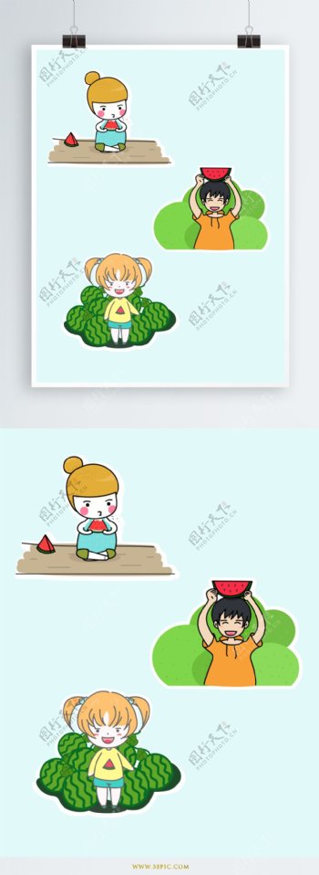 卡通可爱吃西瓜的人儿设计元素