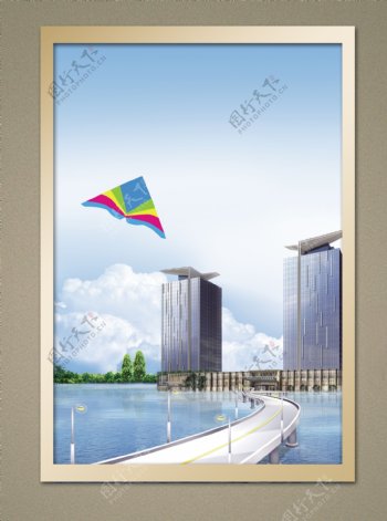 相框城市风景高楼风筝广告背景