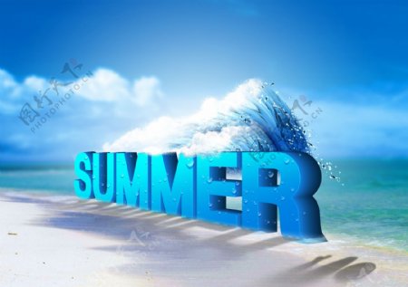 蓝色夏日海滩巨浪海报背景素材