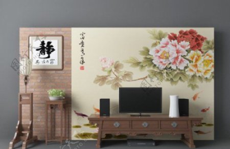 中式电视墙3d模型