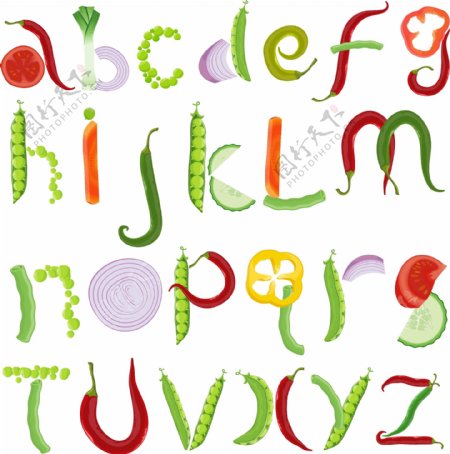 彩色蔬菜26个英文字母矢量图