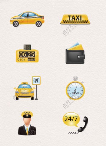 黄色卡通手绘出租车元素设计
