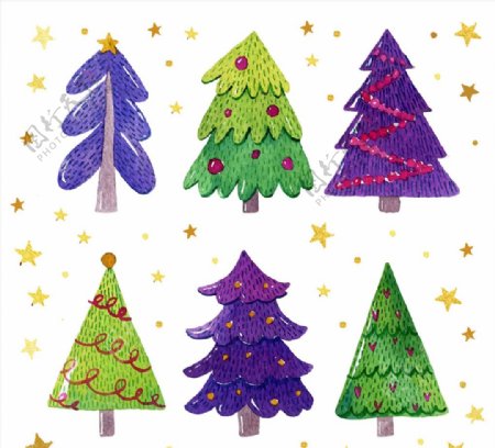 6款手绘彩色圣诞树