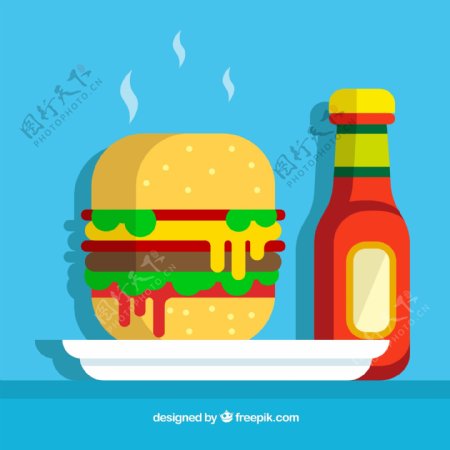 美味热汉堡包和番茄酱矢量图