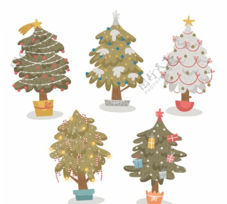 5款创意圣诞树盆栽矢量素材