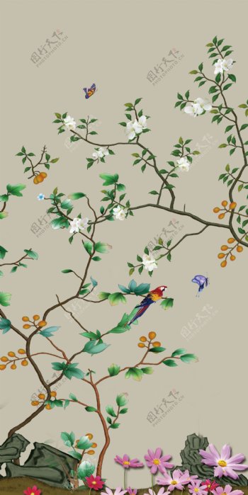 中式花鸟玄关背景墙装饰画