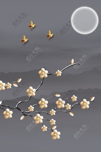 中式抽象山水工笔花鸟装饰画