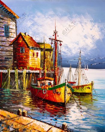 海港渔船装饰油画