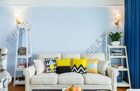 蓝色北欧家居设计效果图沙发背景